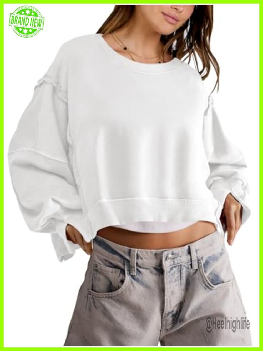 Womens Cropped Oversized Crewneck Sweatshirt Pullover Long Sleeve